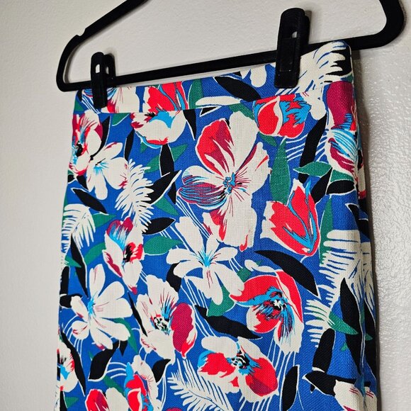 J Crew 2 Pencil Skirt Basketweave Blue Floral Tropical Cotton Office Career - Picture 3 of 10